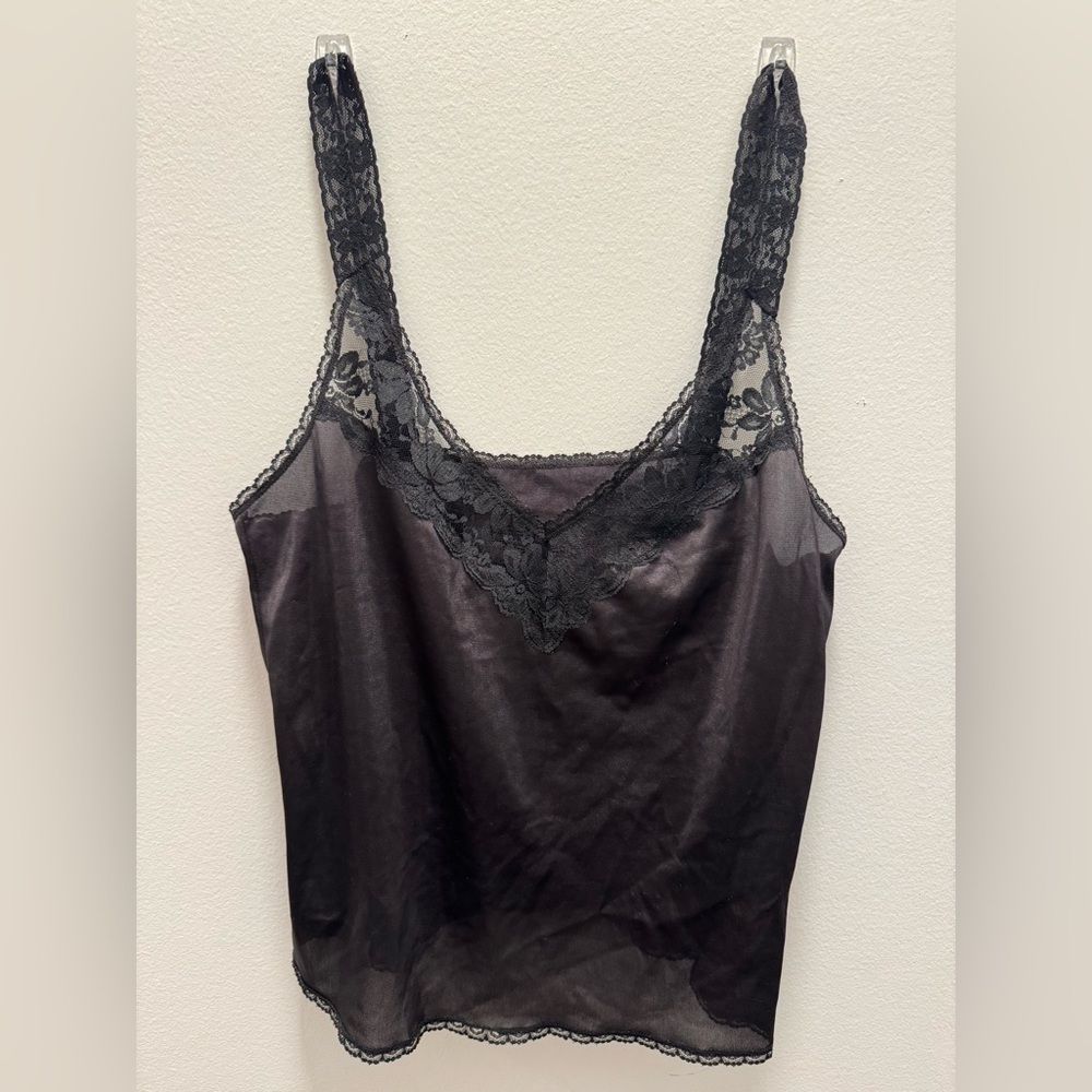 Lace-Trim Satin Cami Tank Top - Black
